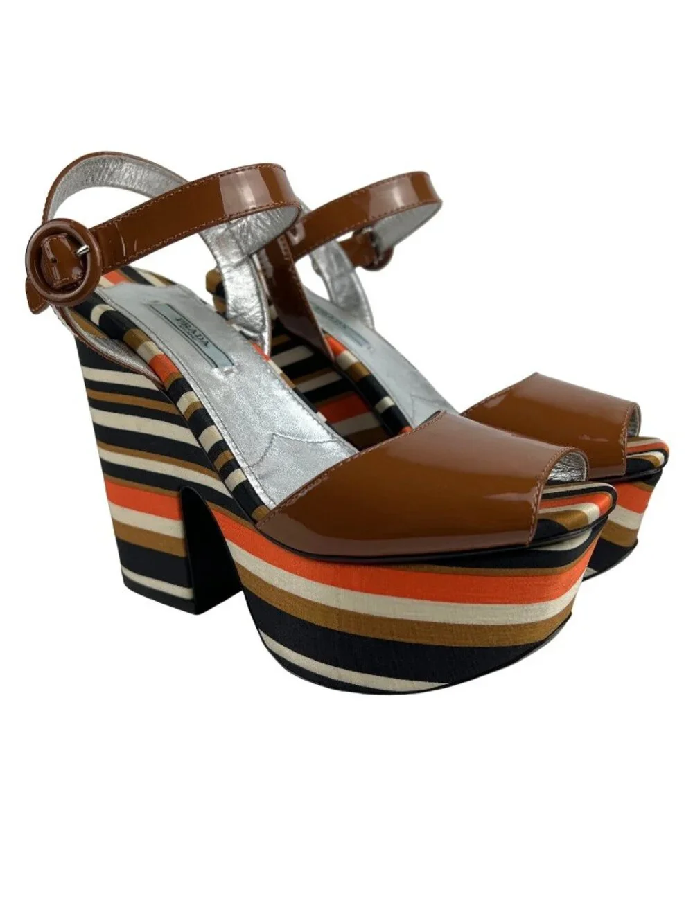 Prada Brown Patent Leather Peep-Toe Platform Heels With Striped Fabric Size 8.5